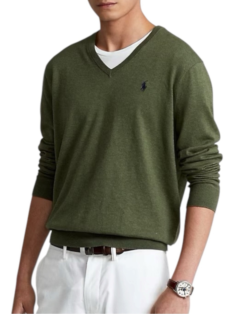 Polo Ralph Lauren Mens L Olive Green V-Neck Sweater Burgundy Pony Knit